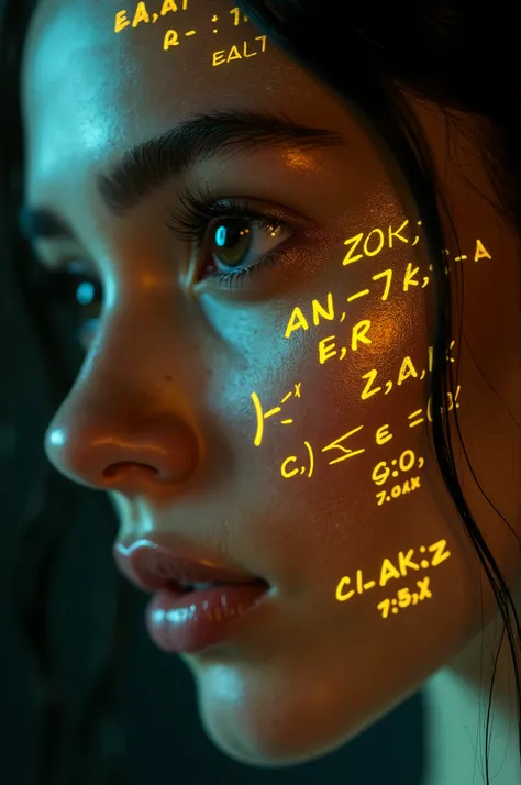 Close-up of womans face, glowing yellow holographic equations projected onto skin. Intense gaze, realistic features. Dark background, cyberpunk aesthetic. Luminous mathematical formulas, handwritten style. Futuristic, high-tech atmosphere. Photorealistic r...