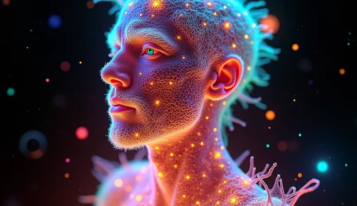 Vibrant, abstract video showcasing a microscopic 3d view of citric acid crystals. The style is highly colorful, with a layout that features a dazzling array of geometric patterns. Patterns repeats the full face of a man. The crystals display a spectrum of ...