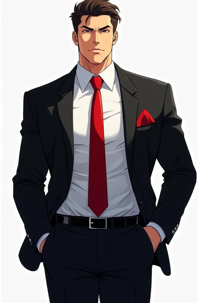 Anime, macho man in black blazer, tie red, shirt white, formal pose