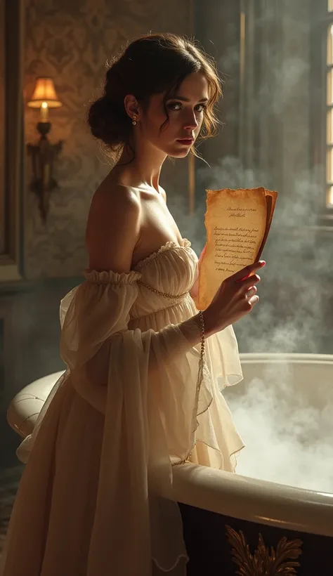 A sultry scene of Josephine standing beside a luxurious, steaming bath, her gown slipping slightly off her shoulder as she holds Napoleons letter aloft. The bath remains untouched, and her eyes sparkle with mischief.