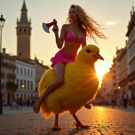 Sexy woman in pink mini skirt and sexy top with long curly blonde hair and holding a red axe riding a yellow chick on the street next to the Torre Efiel with the sunset in the background, Textured skin ,  text,