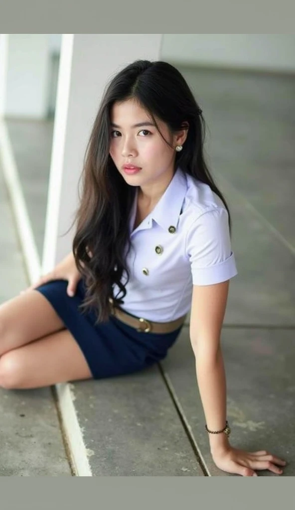 Realistic Photography of Thai women Age 20 years,, semi long hair, black pencil short tight skirt, tight short-bra shirt black, open legs on bed, bedroom, (spread her legs)), Sit with leg to the side on bed, see upskirt panties, beauty Thai girl