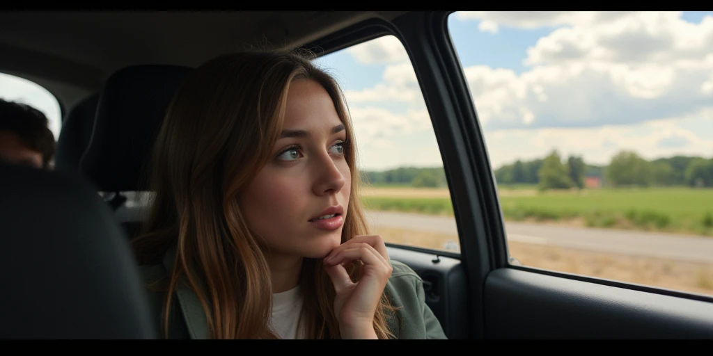 Young woman traveling by car looking out the window.