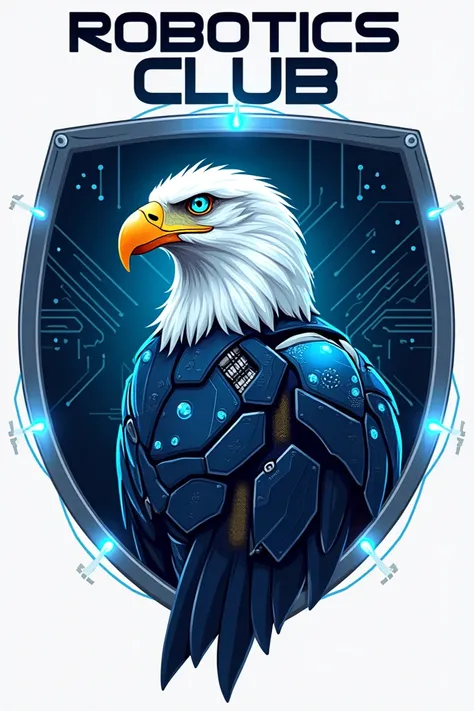  Create logo according to this description  

*oval*

 - Main shape of the logo
- Background : pistas de circuito electrónico en azul plateado
text " robotics club  6 j"


*Eagle bird *

 - Emerging from the background of the oval
- Color :  blue with whit...