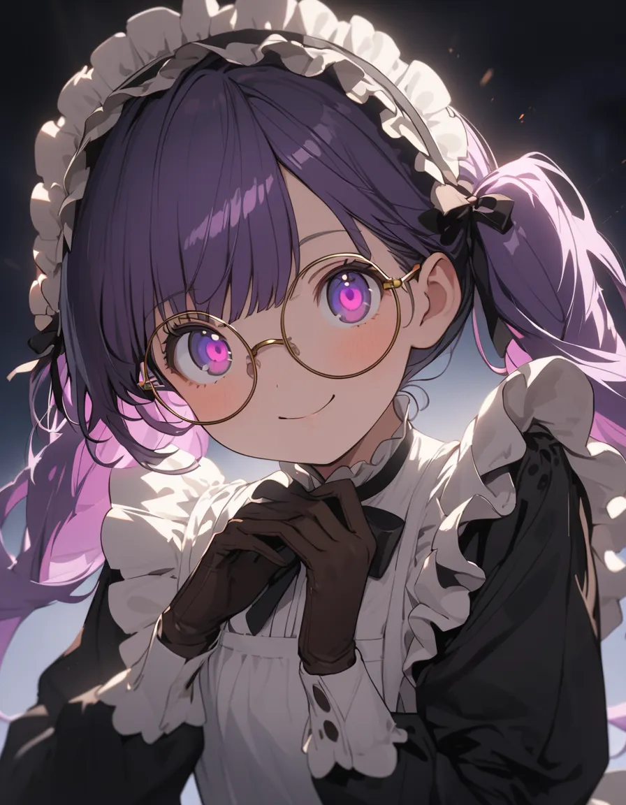 long purple hair ,  wear maid clothes , fullbody, round glasses, front light ,cute 2d, front lighting 、( for a woman with bristl...