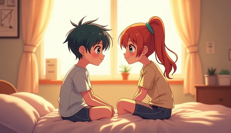 An animation anime-like photo of a boy and a girl talking on a bed inside a room