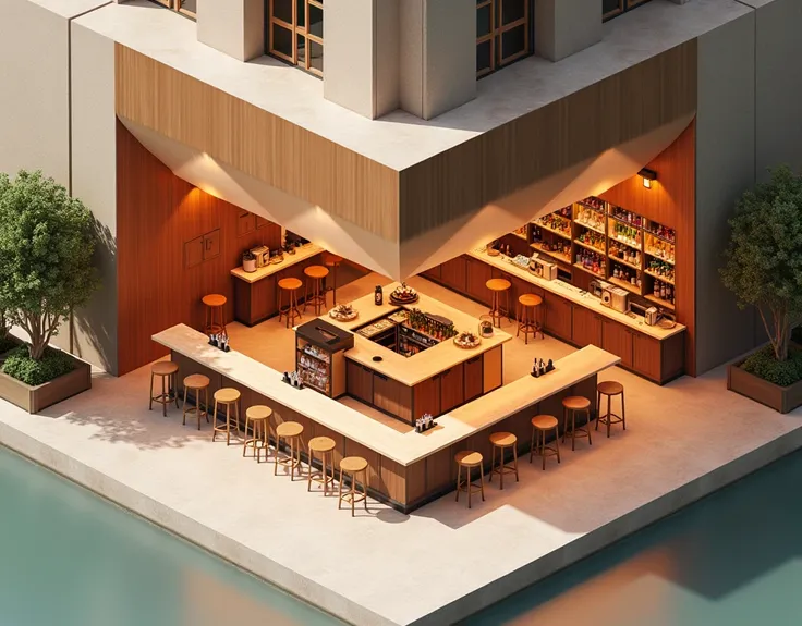 a bar with drinks, modern bar,  bar counters , with a canopy , wooden bar , view from above, WE LOOK AT THE TOP, without people, large isometric bar 