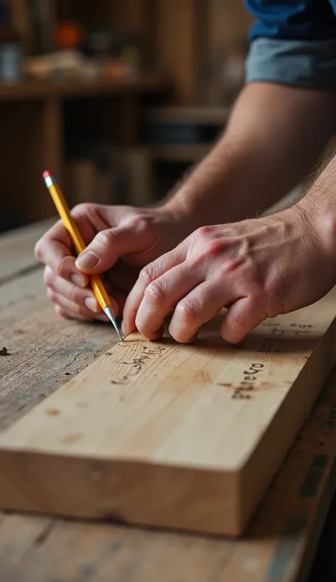 The video begins with a pair of hands picking up a piece of wood. The hands start measuring and marking the wood, preparing to cut it. The movements are slow and deliberate."