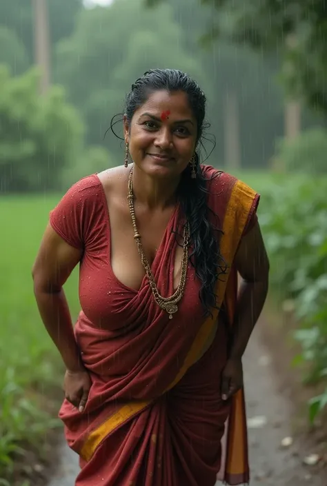 Photo of  Voluptuous Indian Mature Aunty with dusky skin and huge boobs, Wearing low cut Sari blouse showing large U Cut Cleavage, bending down to seducing activities. Wet in rain, Hair tied behind, Indian farm.