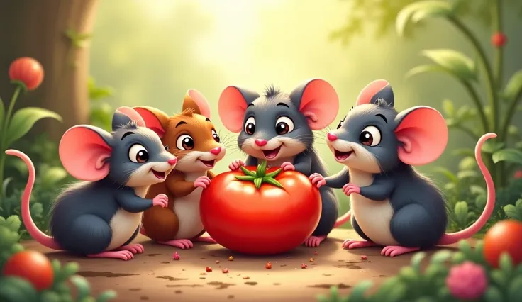 Cute cartoon rat is eating a tomato with friends and enjoying it 