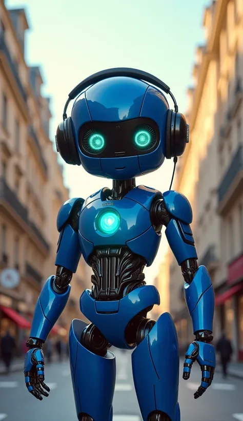 Ultra-high resolution photos、A cute royal blue robot is standing in Cyberpunk personifying a high-performance speaker、 wearing headphones、The background is a Parisian cityscape at noon 、The details are elaborate 、The eyes are blue green 、 has an arc reacto...