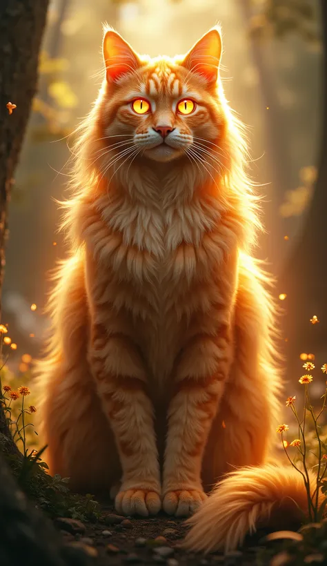 Create a realistic image of a supernatural adult cat. The cat should be tall and strong, with long, flowing golden fur that shimmers in the light. Its eyes should be fiery, glowing with an intense orange and red hue, conveying a sense of power and mystique...