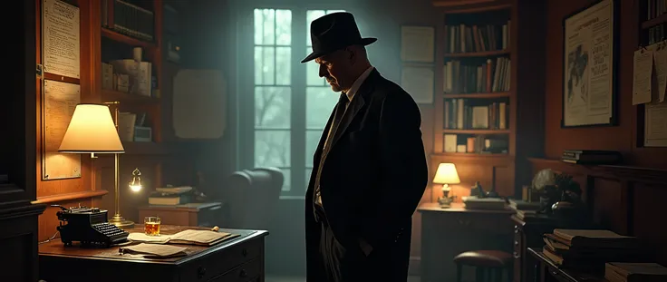 A detective in a hat and suit. He is standing in his office, where everything is made of wood, with notes, books, and investigation boards