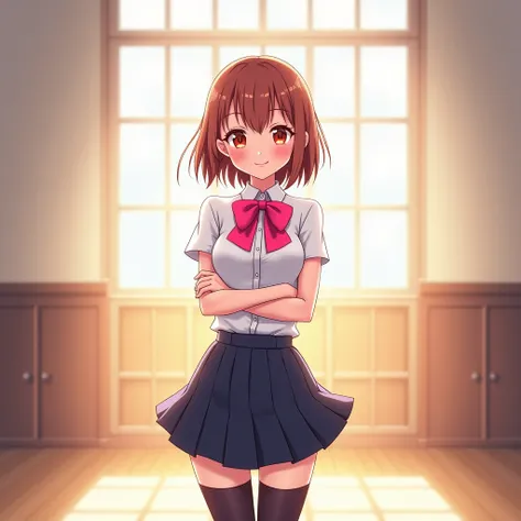  high school uniform 、 white shirt、 big pink ribbon 、 miniskirt、 Big Breasts , tights、Beautiful Hair、 standing、 brighten the room lights 、 cross your arms、 animated illustration style