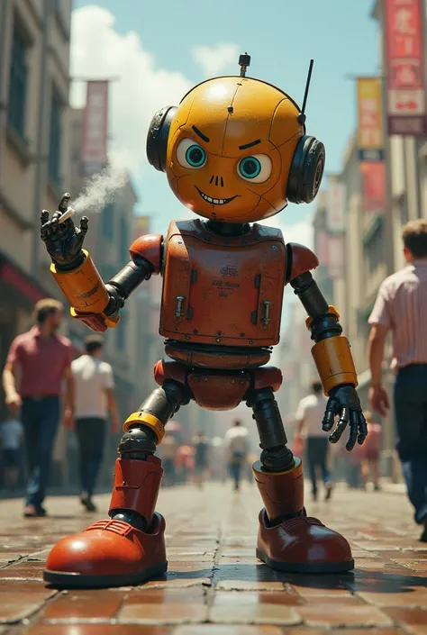 A live toy with hands, feet and an angry face beats people and smokes a cigarette A lot of robots, people start to defeat the toy