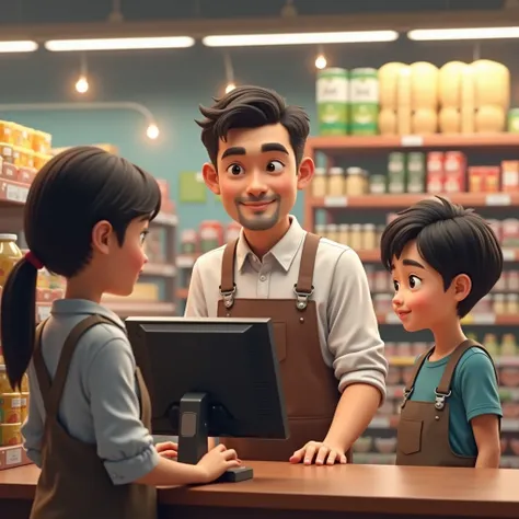 create a Screenshot of supermarket game and set background seller age 35 seller a man and computer in front of seller and set buyer a girl and a boy 