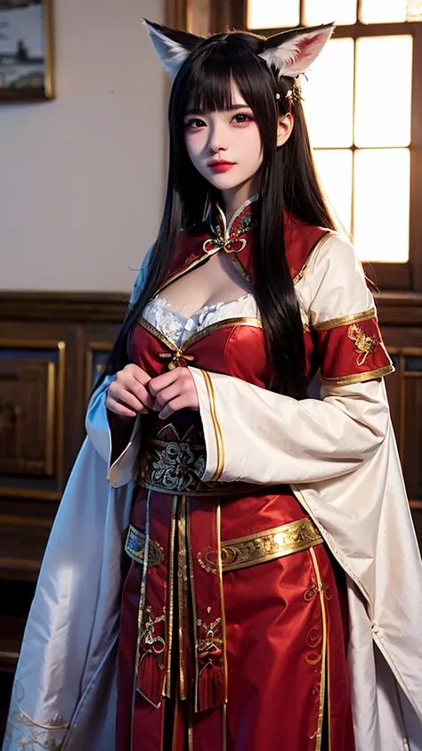 masterpiece,  high detail,  Very detailed（1.2）, precise, Ultra HD,, character design ,Darkening, Ninotail fox woman ,Bangs, long hair, forehead pattern, red eye,  wearing red Chinese Hansel costume,Emitting black air , movie light effect , , 