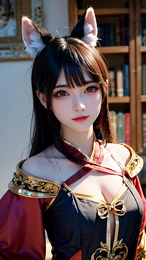 masterpiece,  high detail,  Very detailed（1.2）, precise, Ultra HD,, character design ,Darkening, Ninotail fox woman ,Bangs, long hair, forehead pattern, red eye,  wearing red Chinese Hansel costume,Emitting black air , movie light effect , , 