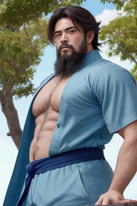 ( High Quality , masterpiece,  Japanese anime, Second Dimension,   beautiful eyes ,  highly detailed background, 8k wallpaper,  very detailed face in light blue underwear) uncle, Slightly thick body type, Strong muscles,  beard , Hopeful Eyes, Bright Eyes,...