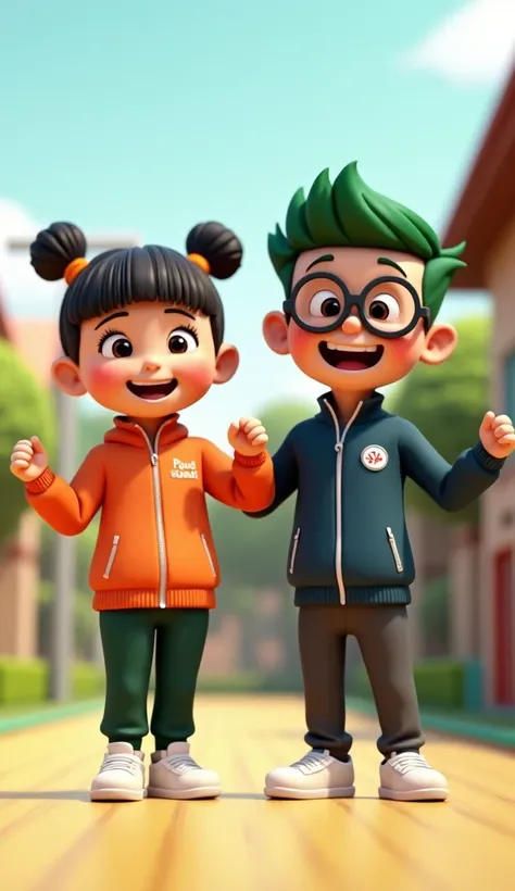 animation image of a cute and adorable with her hair into two buns on top and bangs, wearing a orange sports training jacket with "PAUD Abadi" printed on the front, dark green sports training trousers, and white sneakers. standing with a boy in 3 D animati...