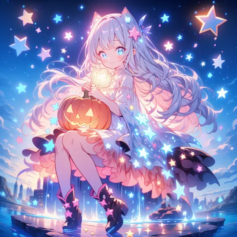 かわいいstarの妖精、（  beautiful eyes 、 detail eyes sitting on a coral reef）、（BEST DETAILS 、The best configuration、perfect anatomy）、Full body front、Front、 is facing forward towards viewers、 one girl , best quality、masterpiece、 Official Art、 super detailed、 VERY BEAUTIFUL、Pumpkin Fairy、Grey Hair、 straight long hair、milky way、universe、star charm、star、baby face、 long boots, Magic Rim、Houndstooth、smile、 black light colored neon light 、Hope and expectation、 snowman、Valentine、 chocolate、Pink and brown check costume 、star、流star群、universe、 neon light enhances cuteness、