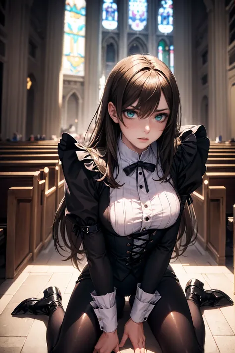 FEMBOY MALE, solo androgynous man, fully clothed in victorian male priest attire, sharp delicate features, skinny, thin waist, messy light brown hair, bangs covering one eye, green eyes, pale skin, blushing, button nose, full lips, femboy, bulge, big ass, ...