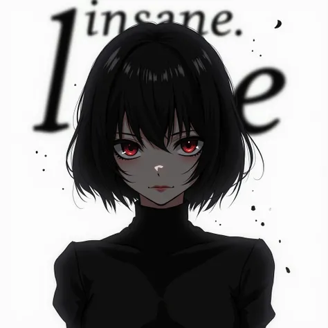 waifu with a dark style and short hair, more white background and in the background with the letters INSANE LOVE