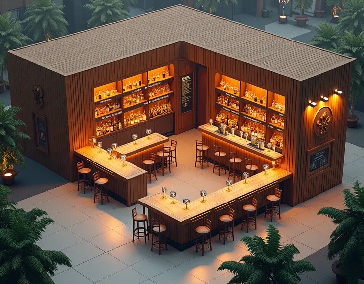 a bar with drinks, modern bar,  bar counters , with a canopy , wooden bar , view from above, WE LOOK AT THE TOP, without people, very large isometric bar with lighting 