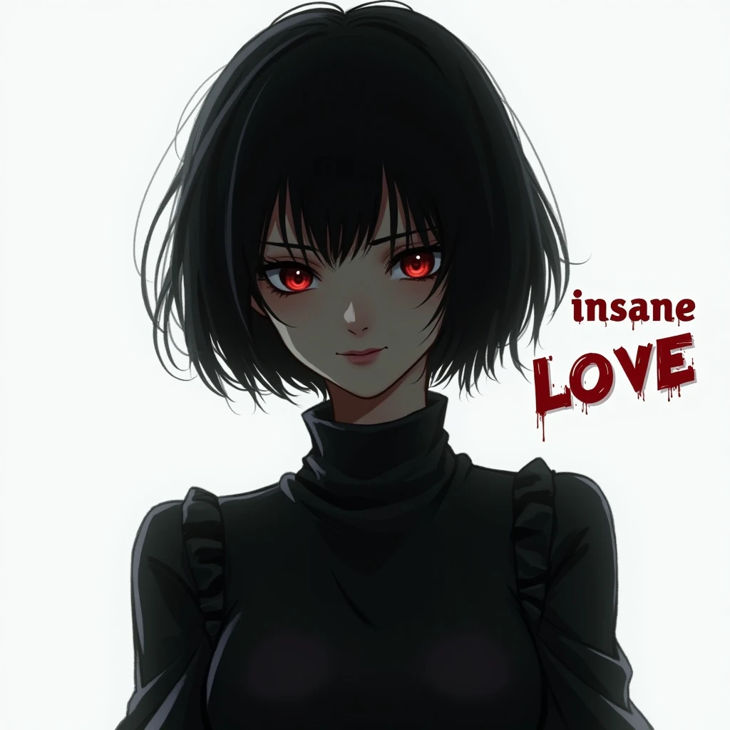 waifu with a dark style and short hair, more white background and in the background with the letters INSANE LOVE