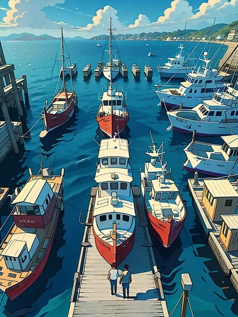 Fishing boat port，jetty，Fishing boats out to sea，Modern large fishing vessels，Docked at the pier，Stand on the pier and look straight ahead，Staring straight ahead，Pure landscape painting