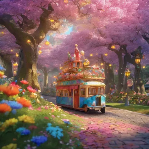 おもちゃの機関車が magic の国を走ってる,  colorful world,  magic , Fairy, flower, tree々,Masterpieces, a masterpiece,  high detail,  bright color ,  High Definition ,  depth of field,  high definition , Pixar Style