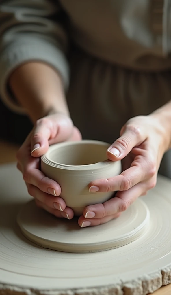 "The video starts with hands holding a plain piece of clay. The hands gently begin to shape and mold the clay, pressing and forming it into a round shape."