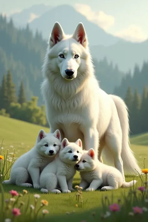 White Swiss shepherd dog with cubs