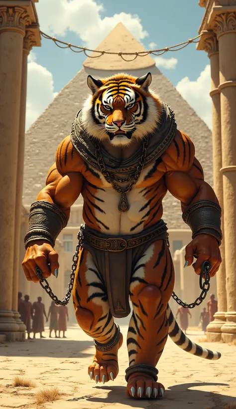 “A giant tiger human shaped with enthusiastic eyes, muscular body, muscular arms, muscular chest and fur chained, many people are behind him holding his chains, it’s an old kingdom of Egypt, tiger is moving towards king Thomas who is watching him from his ...