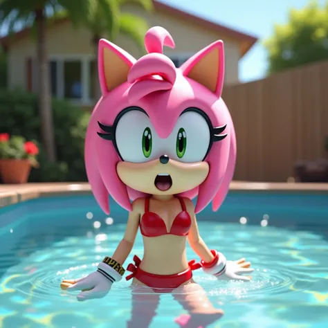 Realistic Amy Rose the pink hedgehog from Sonic, wearing a red string bikini, with excited expressions inside a pool filled with water, in the bright backyard of a house. Realistic image, ultrarealistic face details, realistic character