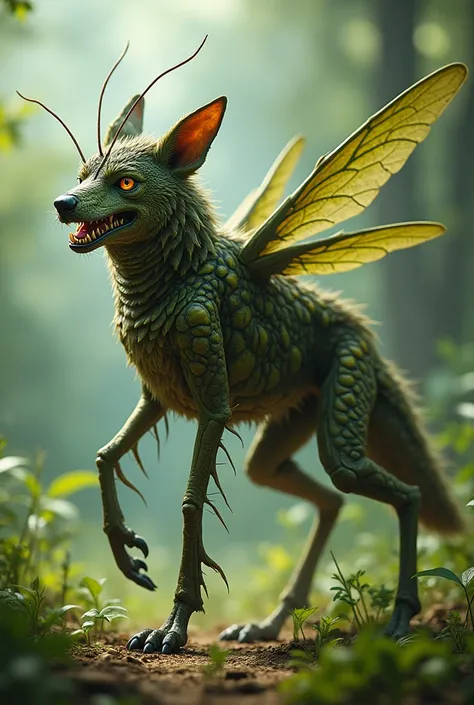 Wolf-Grasshopper Hybrid: A cunning wolf with grasshopper hind legs, a segmented body, and a mix of fur and climbed wings grasshopper six foot exoskeleton.tranform fusion devloped image