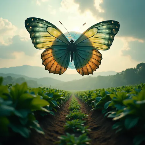 (best quality,4k,8k,highres,masterpiece:1.2),ultra-detailed,(realistic,photorealistic,photo-realistic:1.37),butterfly-shaped earth,tobacco field,detailed butterfly wings,soft light, cinematic composition, vibrant colors, dramatic shadows, ethereal, surreal