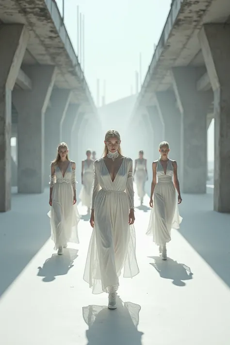 post apocalyptic image white aesthetic under a bridge fashion show with clothes that imitate planet earth, rocks, Water, fire