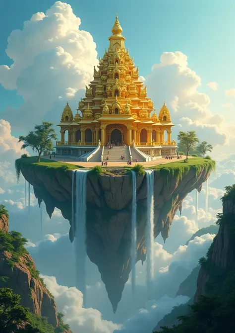 island floating in the sky with a giant golden hindu temple on it, no people,