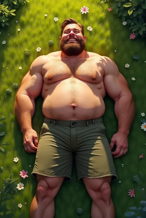  Generates a man of about 40 years old , muscular with a tummy , hairy man with beard , smiling, stretched out on the grass with arms and legs extended as seen from above and full length