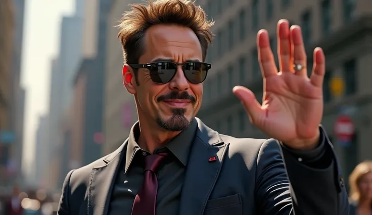  robert downey jr as tony stark in a suit raising and waving his hand and smirking, tony stark wearing sunglasses, from the avengers (2012), from avengers: endgame (2019), from avengers, medium close - up ( mcu ), concept art of tony stark, robert downey j...