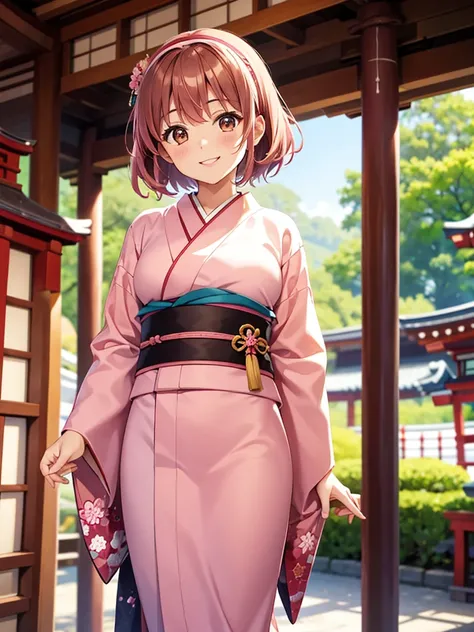 4K quality,cute,Brown Eyes,Brown Hair,20-year-old female,solo, small breasts,Pink Japanese kimono , with pink hair band, long short hair,smile, Blurry Background , Japanese shrines ,