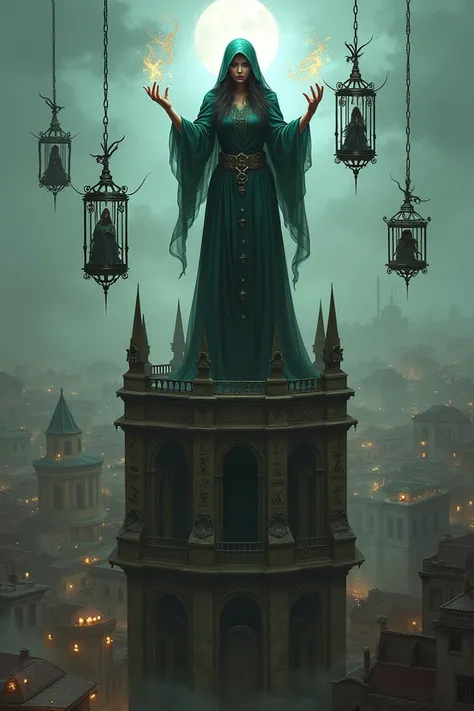 A female mage placing people in cages in a tower over looking a old city.