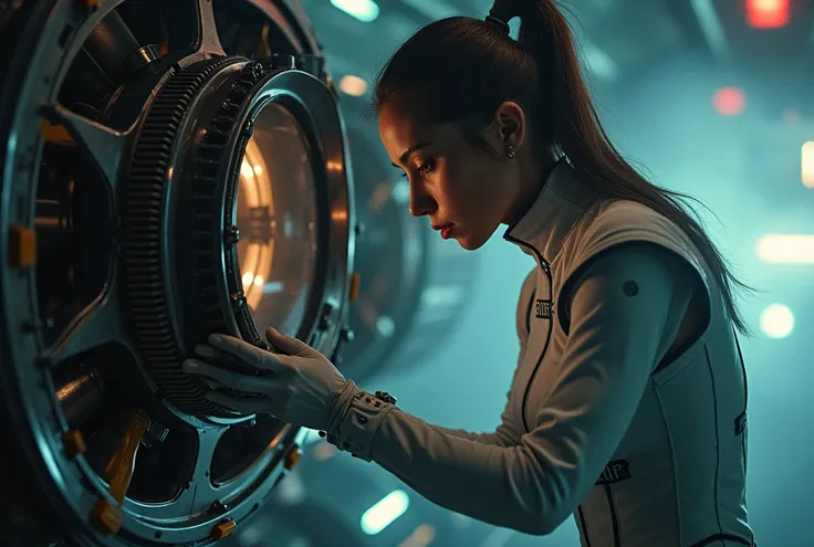 candid photo of female engineer repairing a massive spaceships engine, wearing a tight futuristic spacesuit, masterpiece, (beautiful and giant eyes:1.1), intricate detail, highly complex iris, closeup, neon lights, heavy smoke, cyberpunk atmosphere, flash ...