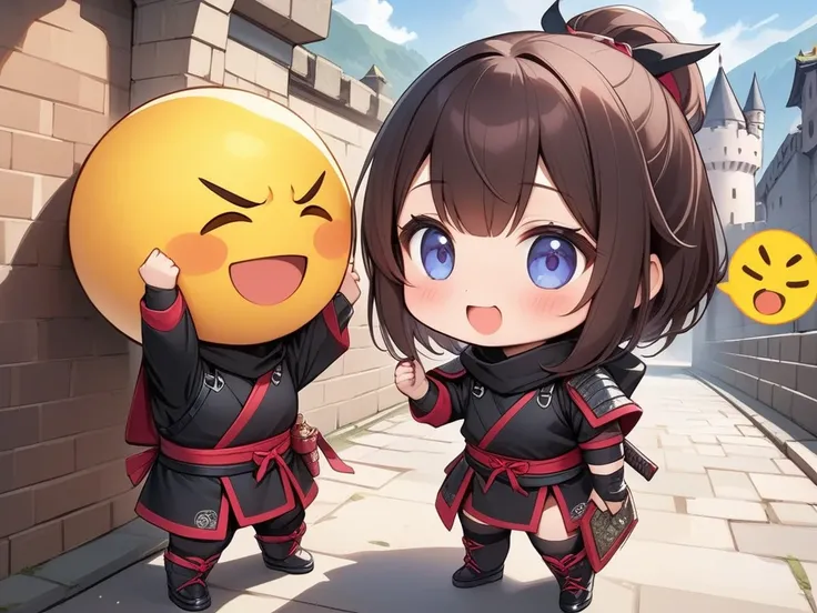   best quality, masterpiece ,   Ninja Costume , (Chibi: 0.6),  girls go to enemy castles next々and infiltrate 、 overcome castle walls 、  random hair color  ,  Emoji, cute, 