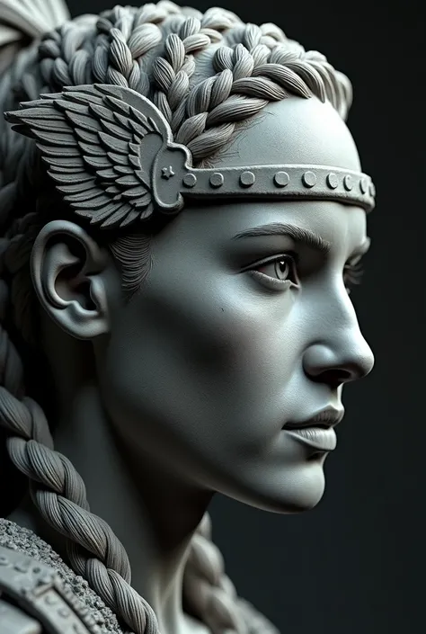 a hyper-ralistic face featuring rough surface, braided hairstyle and a winged leather headband of a stone bust of viking woman in 3/4 view !