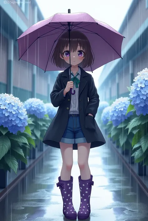 elementary school girl, cute anime style, Super cute beautiful girl anime, super cute girl, high quality, Best quality, cute, kawaii, wide roll up denim shorts, tights, black coat, knee_ rain boots, knee_long boots, rain boots, purple boots with white polk...