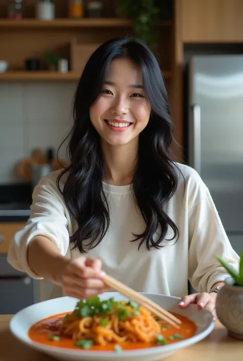 A beautiful Korea lady , black hair, making dinner , taking selfie , looking at me 