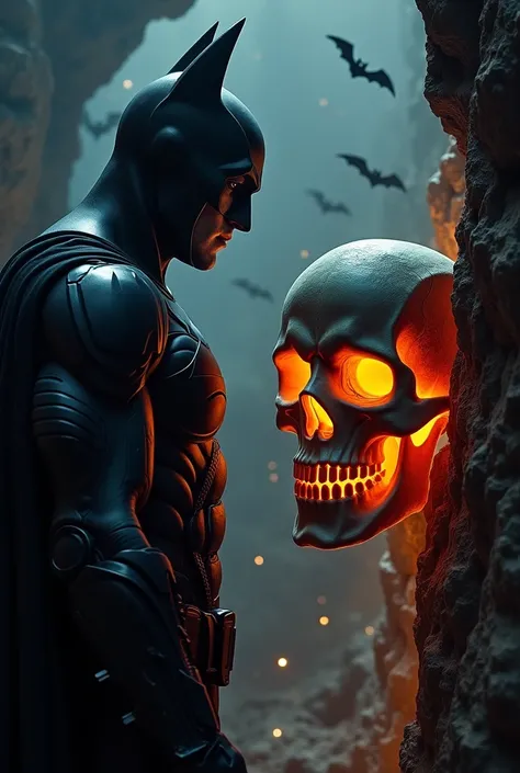 An Imagine Batman strong muscular , with characteristic dark black clothing and electronic cover flickering in the wind staring at a skull shrouded in orange light. background Dark dark night sky . cave background full of bats illuminated by the glow of th...