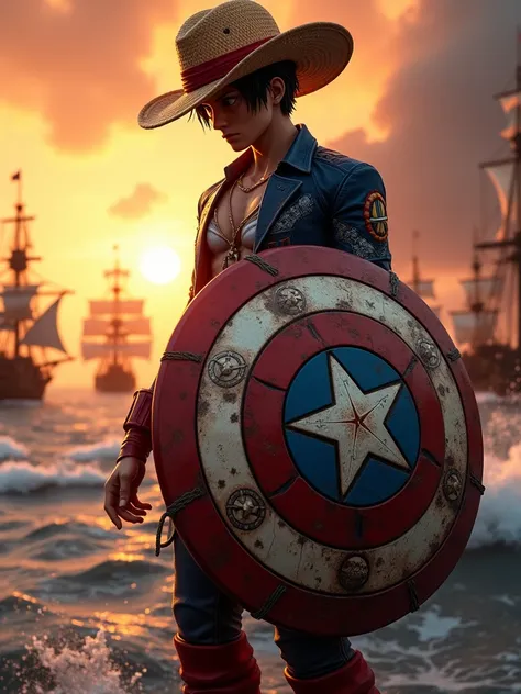 Epic hybrid character combining Luffy from One Piece and Captain America. The character features Luffy’s straw hat decorated with a subtle star emblem, paired with a pirate-themed version of Captain America’s iconic suit. The shield is modified with haki e...